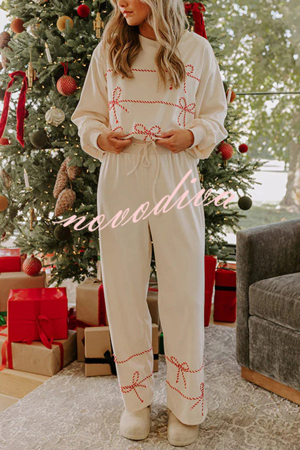 Candy Cane Cutie Loose Bow Tie Long-Sleeved Sweatshirt and Elastic Waist Pocket Pants Set