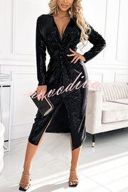 Coralia Sequin V-neck Long Sleeve Twist Waist Front Slit Midi Dress