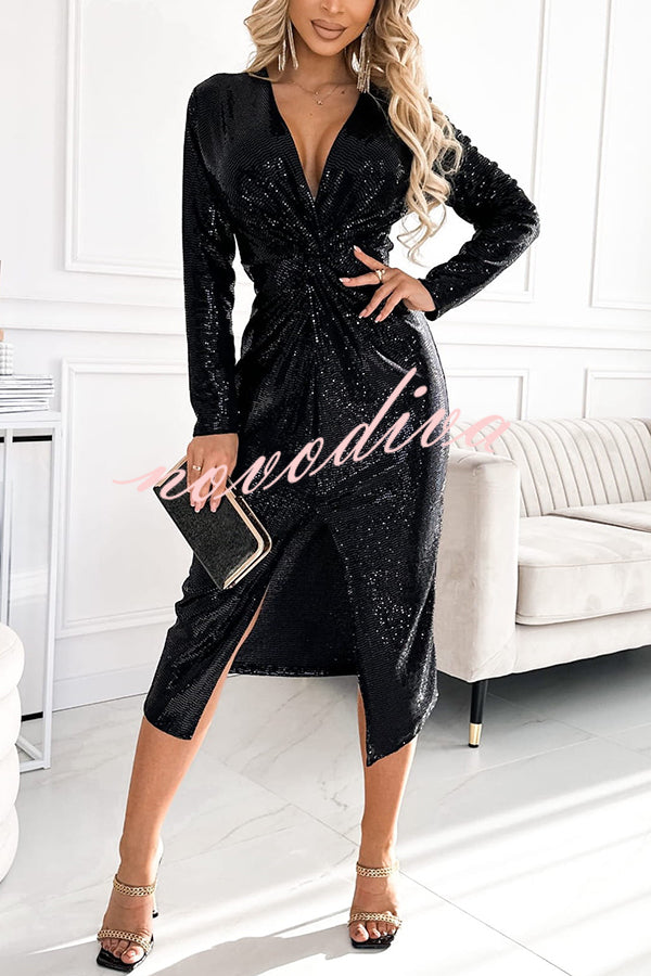 Coralia Sequin V-neck Long Sleeve Twist Waist Front Slit Midi Dress