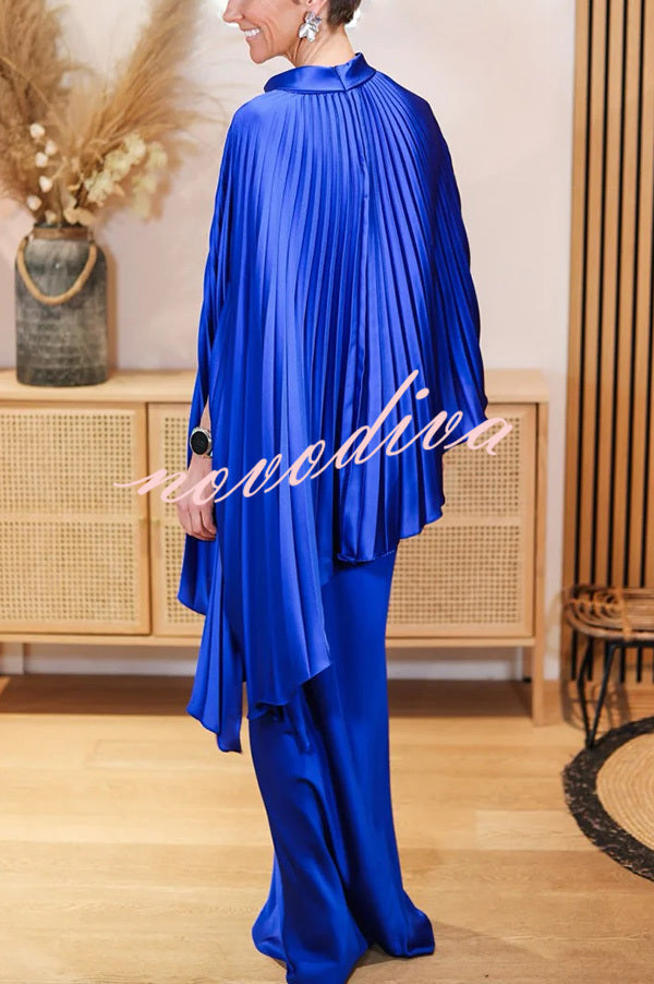 Lily Satin Solid Color Pleated Loose Cape and Elegant Maxi Skirt Set