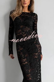 Sexy Openwork Lace Long-sleeved Slim-fit Fishtail Maxi Dress