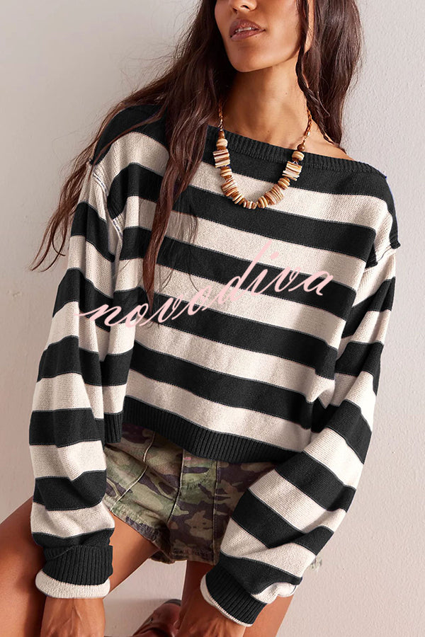 Striped Print Crew Neck Long Sleeve Loose Knitted Sweater