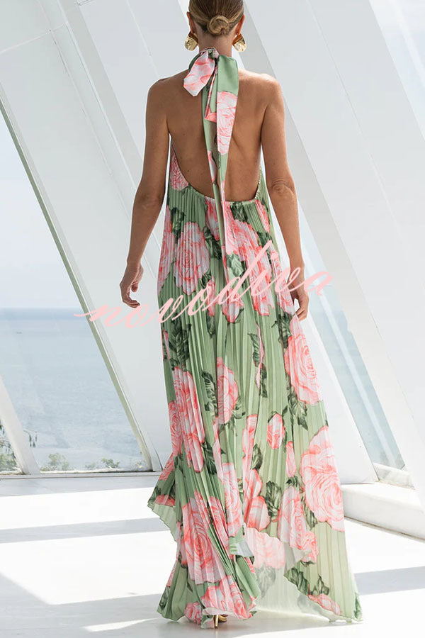 Opera Pleated Floral Halter Asymmetric Hem A-line Maxi Dress