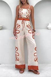 Floral Print Suspender Back Pleated Top and Elastic Waist Drawstring Pants Set