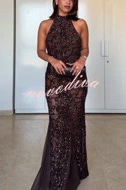 Twilight Gleam Sequin Textured Tulle Hem Halter Backless Maxi Dress