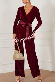 Love One Another Velvet Bow Belted Pocket Cutout Back Loose Jumpsuit