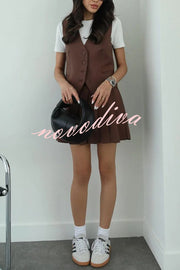 Solid Color Sleeveless Buttoned Vest and High-waisted Pleated Mini Skirt Set