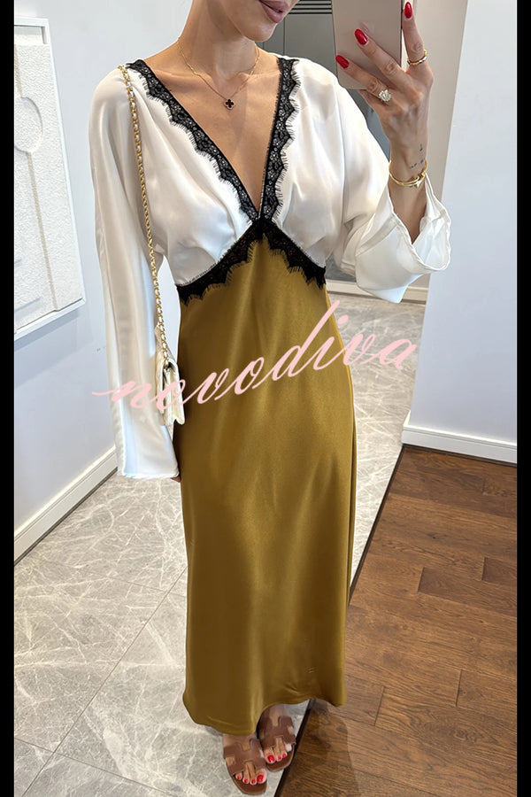 Lainei Contrast Color Satin Lace Trim V-neck Long Sleeve Maxi Dress