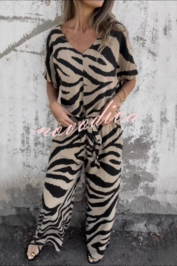 Zebra Print V-neck Short-sleeved Lace-up Top and Elastic Waist Pocket Straight-leg Pants Set