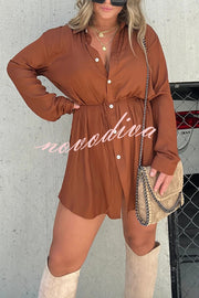 Solid Color Long Sleeve Button Casual Shirt-Style Rompers