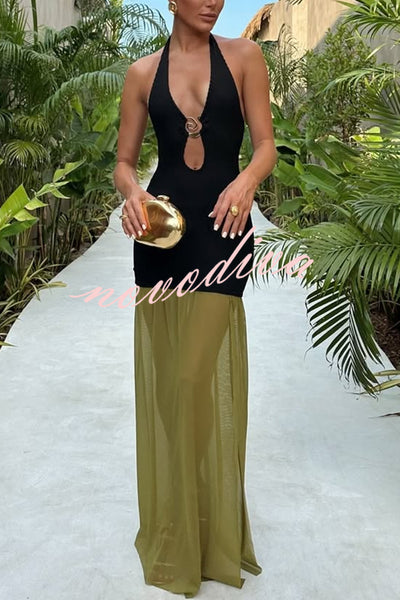 Sun Kissed Stretch Texture Fabric Gold Accent Tulle Hem Halter Maxi Dress