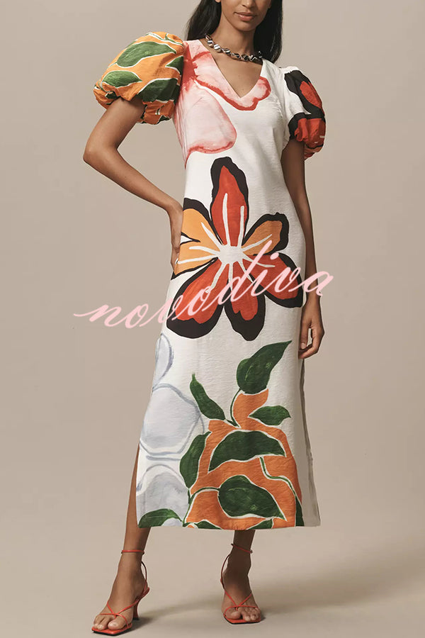 Summer Gala Floral Print Puff-Sleeve A-Line Slit Maxi Dress