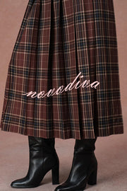 Yehudit Plaid Belt Buckle Design High Rise Pocket Midi Umbrella Skirt