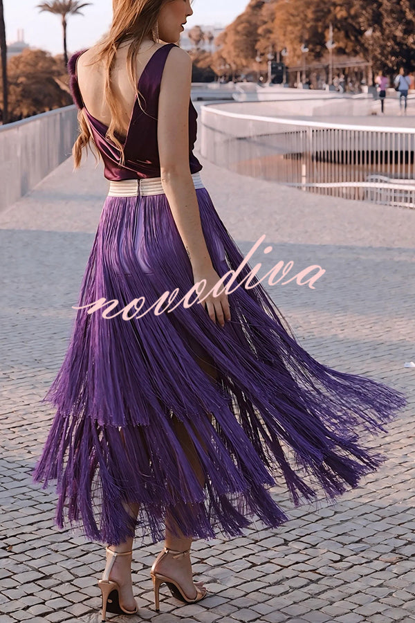 Elegant Tassel Hem Elastic Waist Casual Maxi Skirt