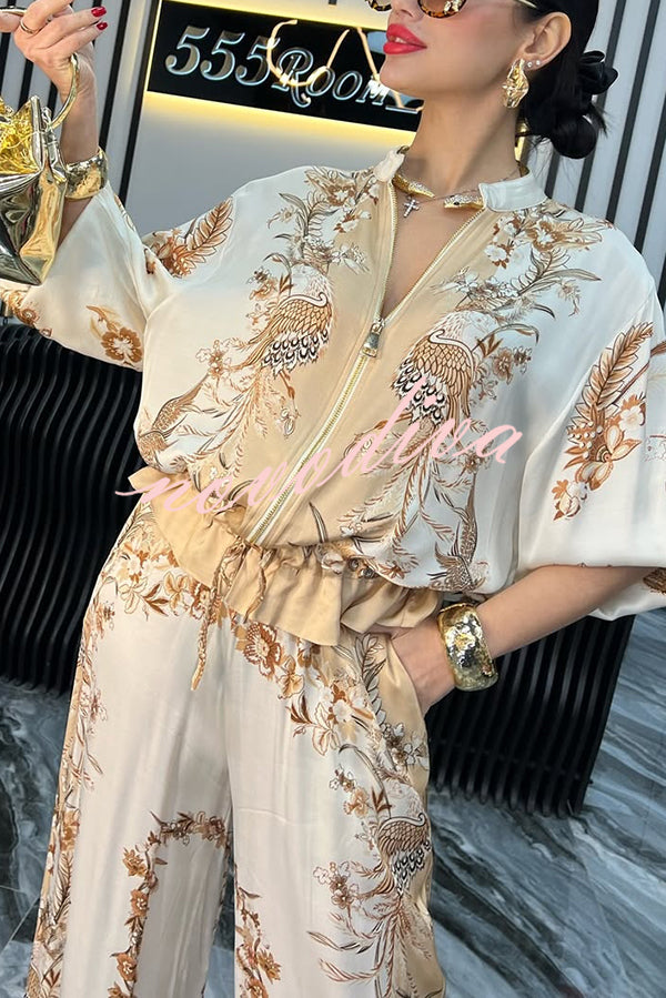 Unique Printed Casual Long-sleeved Loose Top and Elastic Waist Pocket Wide-leg Pants Set