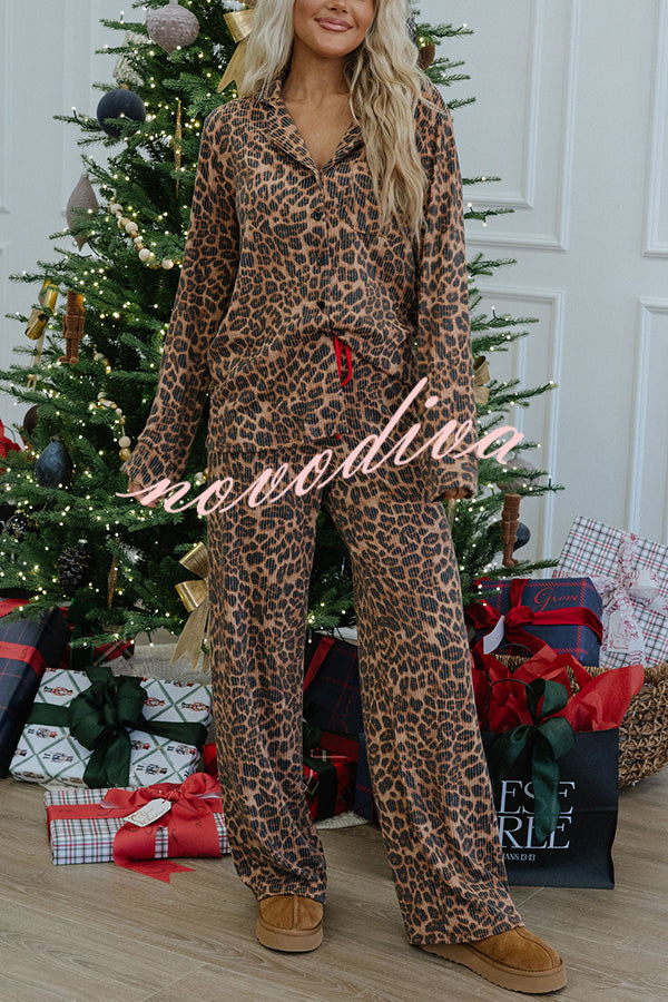 Paige Ribbed Leopard Print Loose Shirt and Elastic Waist Pocketed Pajama Set