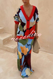 Bright and Bold Satin Abstract Color Blocks Print Elastic Waist Drape Maxi Skirt
