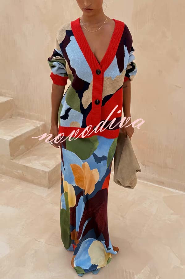 Bright and Bold Satin Abstract Color Blocks Print Elastic Waist Drape Maxi Skirt