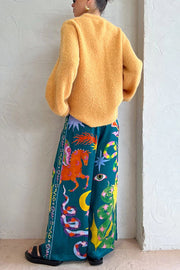 Holiday Pierson Linen Blend Unique Print Elastic Waist Pocketed Wide Leg Pants