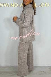 Solid Color Lapel Long-sleeved Loose Top and Elastic Waist Casual Pants Set