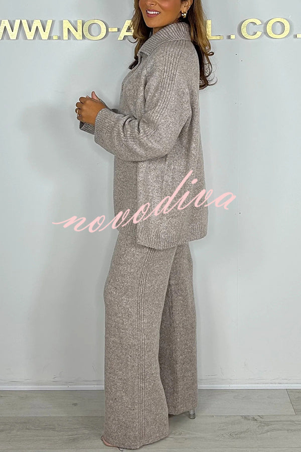 Solid Color Lapel Long-sleeved Loose Top and Elastic Waist Casual Pants Set
