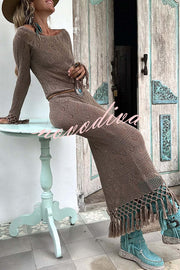 Bailey Knit Long Sleeve Pattern Hollow Out Tassel Trim Maxi Dress