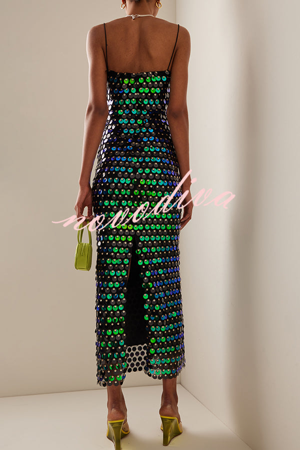 Sexy Sequined Halter-neck Backless Slim Fit Slit Midi Dress