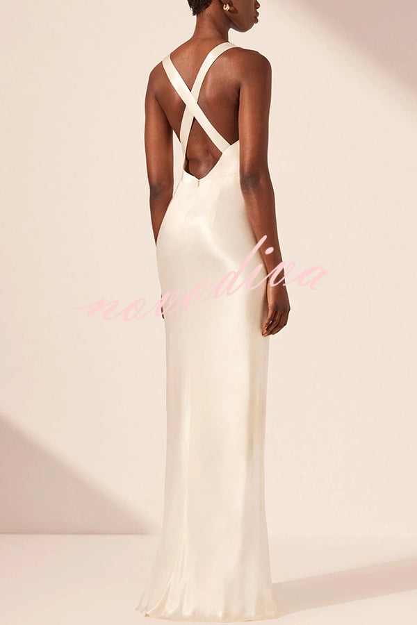 Modern Day Glam Satin Lace Trim V-neck Cross Back Maxi Dress