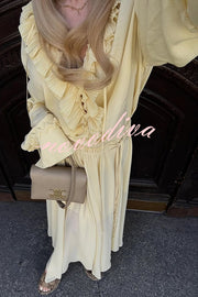 Solid Color Pleated Ruffled Tie Long Sleeve Loose Shirt