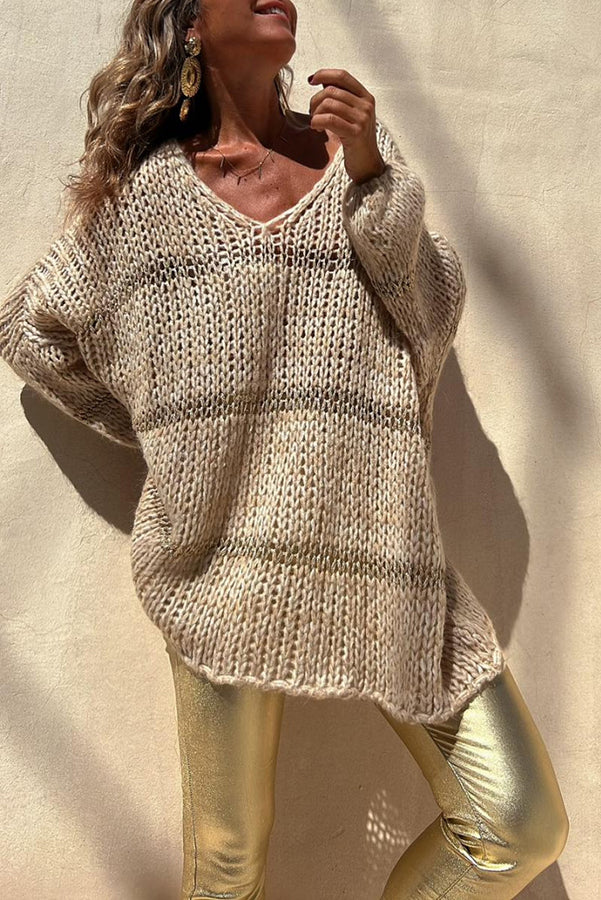 Autumn Brunch Knit Striped Colorblock Loose Pullover Sweater