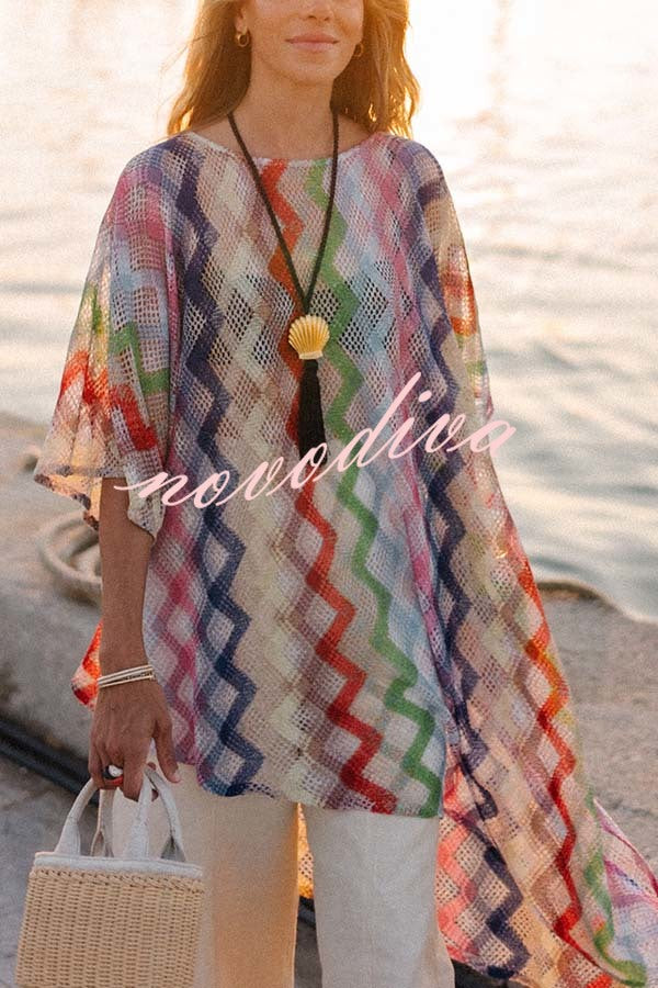 Sun Washed Knit Colorful Zigzag Pattern Asymmetric Hem Loose Cover-ups Kaftan