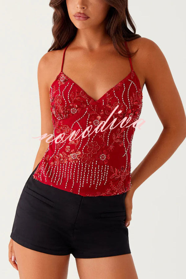 Dazzling Sequin Beaded Material Back Lace-up Loose Tank