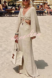 Beach Style Linen Blend Cutout Detail Bell Sleeve Maxi Dress