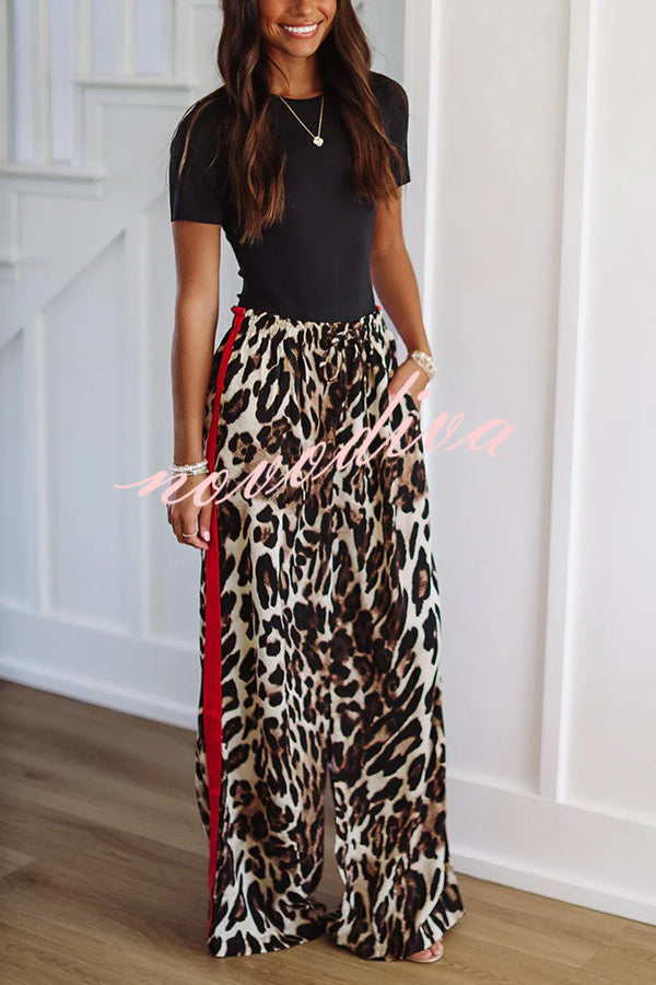 Leopard Print Elastic Waist Pocket Loose Wide Leg Pants