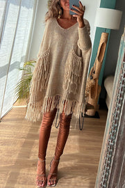 Coming with You Knit Tassel Trim Pocketed Loose Sweater