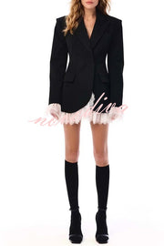Cue The Chic Lace Trim Button Long Sleeve Lapel Blazer Mini Dress