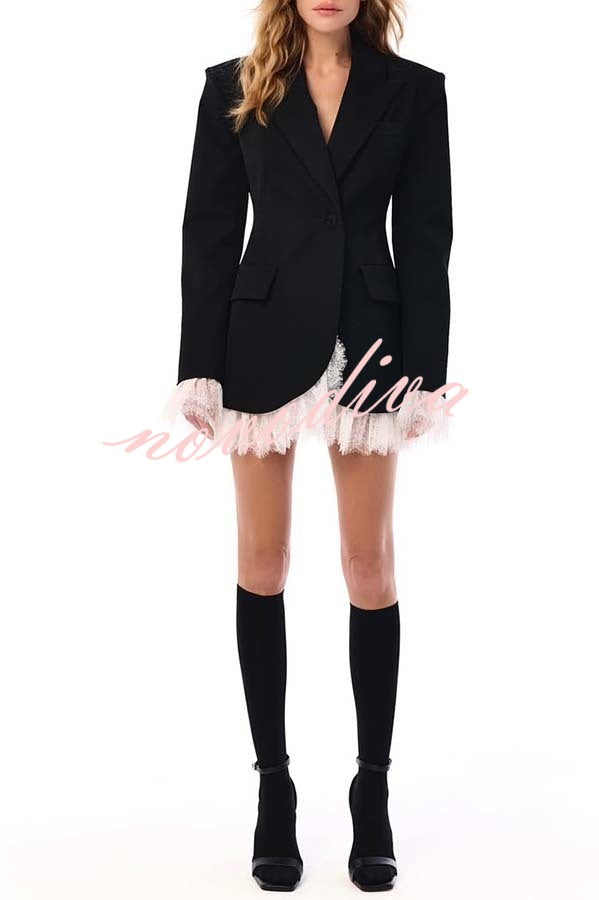 Cue The Chic Lace Trim Button Long Sleeve Lapel Blazer Mini Dress