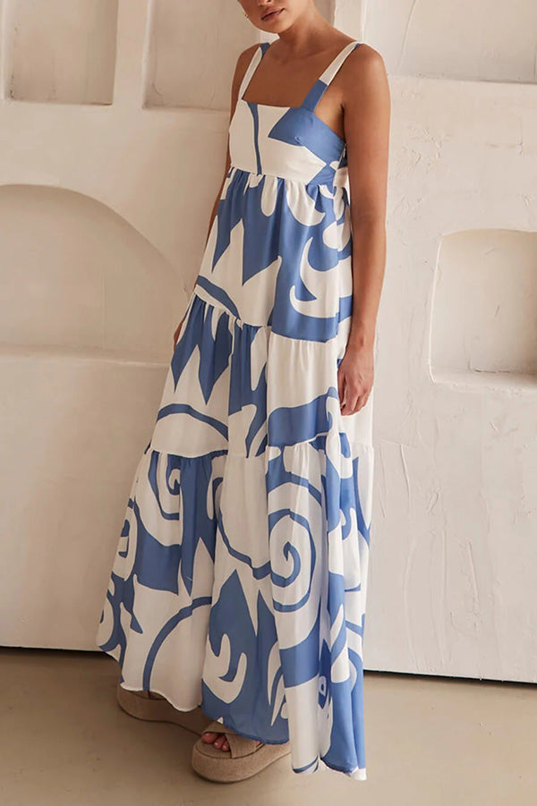 Bohemian Style Geometric Print Back Smocked Loose Maxi Dress