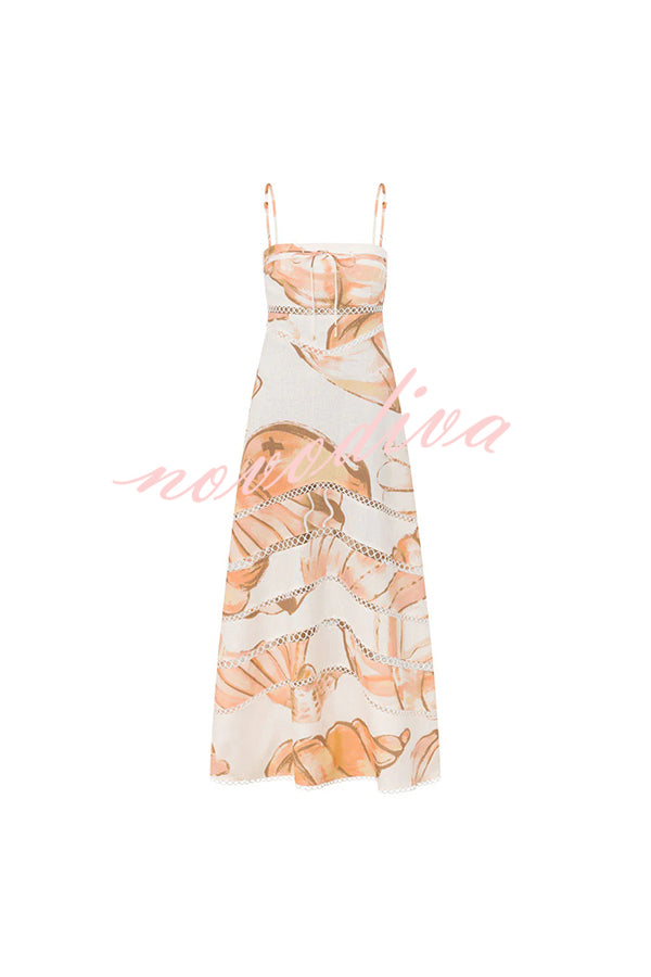 Daje Linen Blend Unique Print Round Hollow Trim Tie-up Bust Slip Maxi Dress