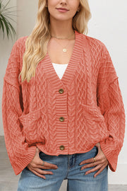 Solid Color Loose V-neck Long-sleeved Casual Pocket Knitted Cardigan