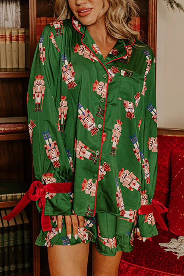 Christmas Dreaming Satin Nutcrackers Print Velvet Trim Elastic Waist Pocketed Pajama Shorts Set