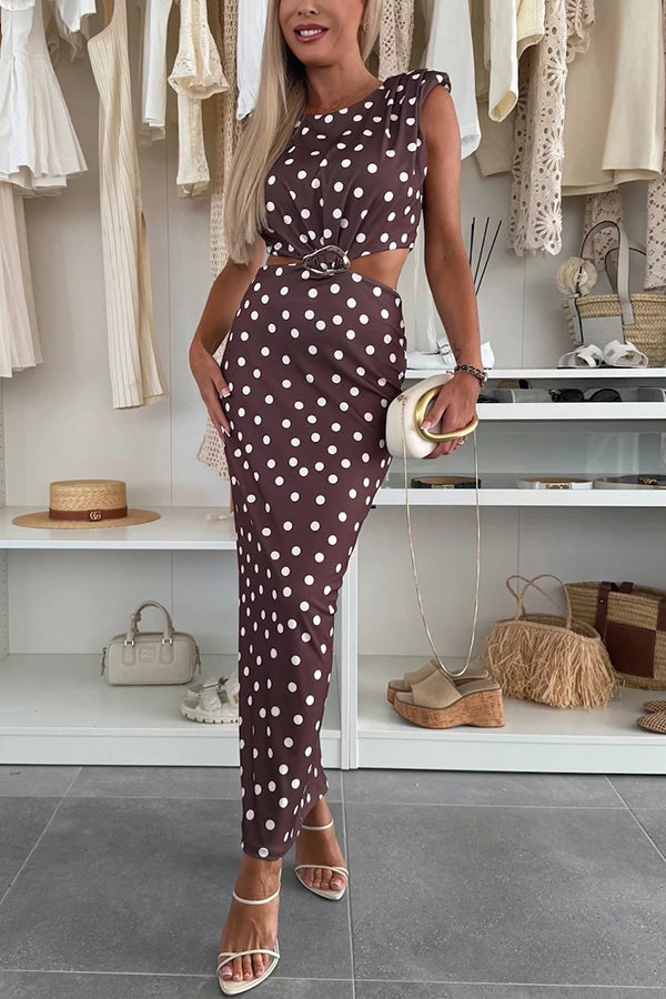 Roxane Polka Dot Print Shoulder Pad Metal Cutout Waist Slit Stretch Maxi Dress