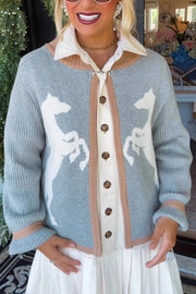 Stylish White Horse Pattern Casual Long-sleeved Knitted Cardigan