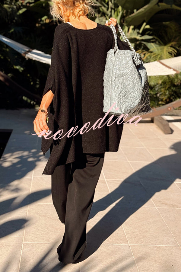 Fashion V-neck Loose Pocket Mid-length Knitted Sweater