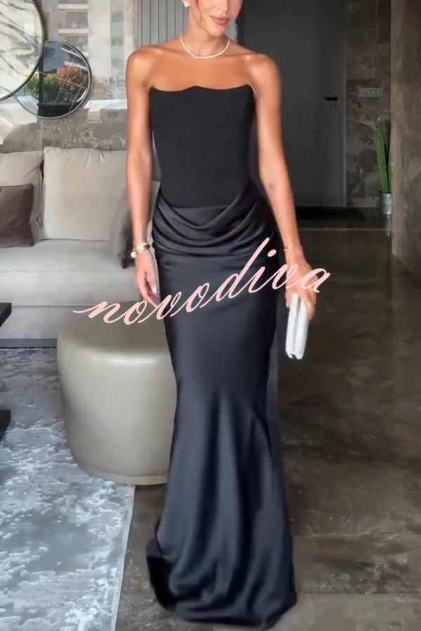 Attend The Gala Strapless Corset Satin Ruched Hip Drape Maxi Dress