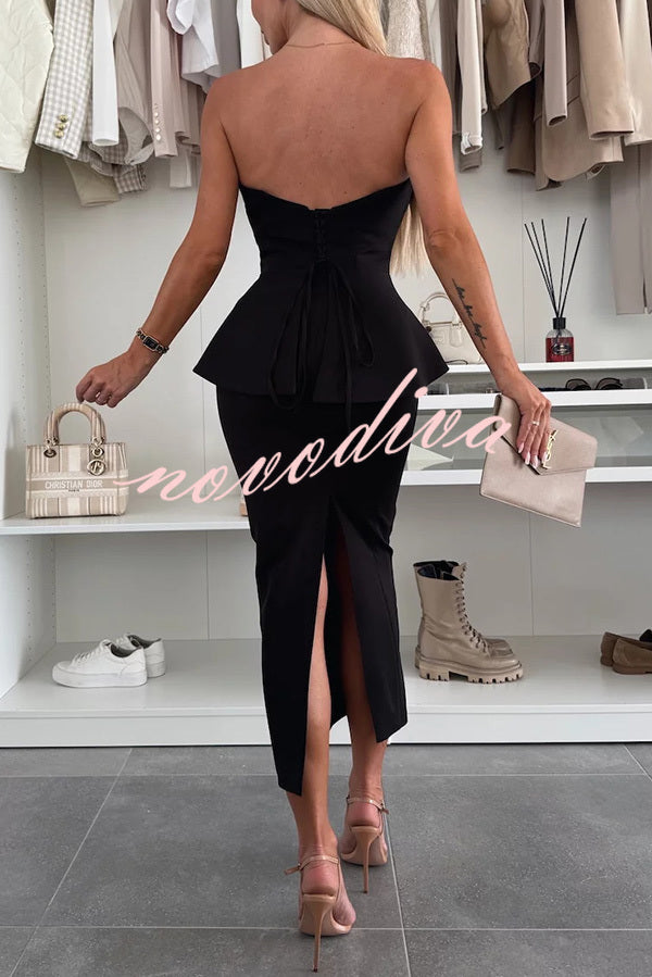 Sexy Tube Backless Lace-up Top and Slim Slit Midi Skirt Set