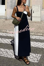 Simple and Stylish Contrast Color Sling Back Smocked Maxi Dress