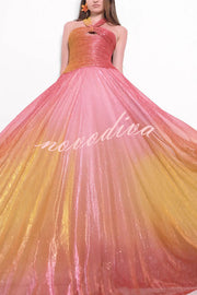 Vireya Metallic Fabric Gradient Print Ruched Cutout Halter Maxi Dress