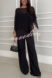 Vanie Chiffon Cape Batwing Sleeve Top and High Waist Pocket Wide Leg Pants Set