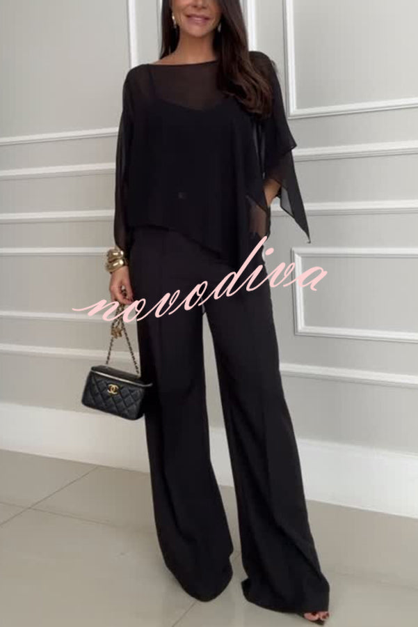 Vanie Chiffon Cape Batwing Sleeve Top and High Waist Pocket Wide Leg Pants Set